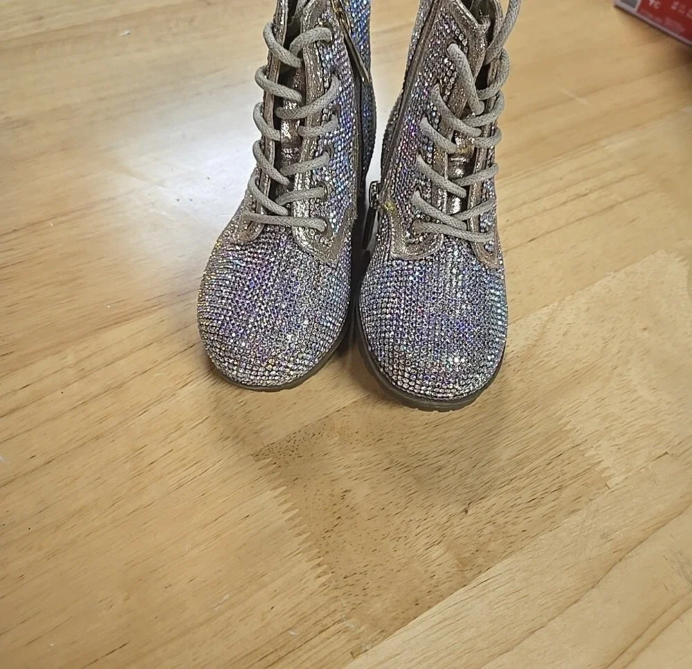 Size 7 Kids Glitter Lace-Up Ankle Boots - Silver